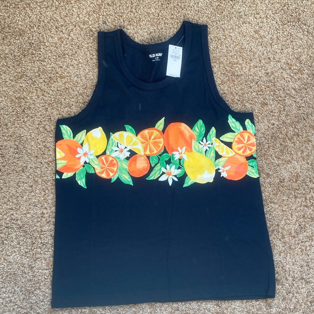 NWT Old Navy navy blue tank with oranges & lemons M/8
